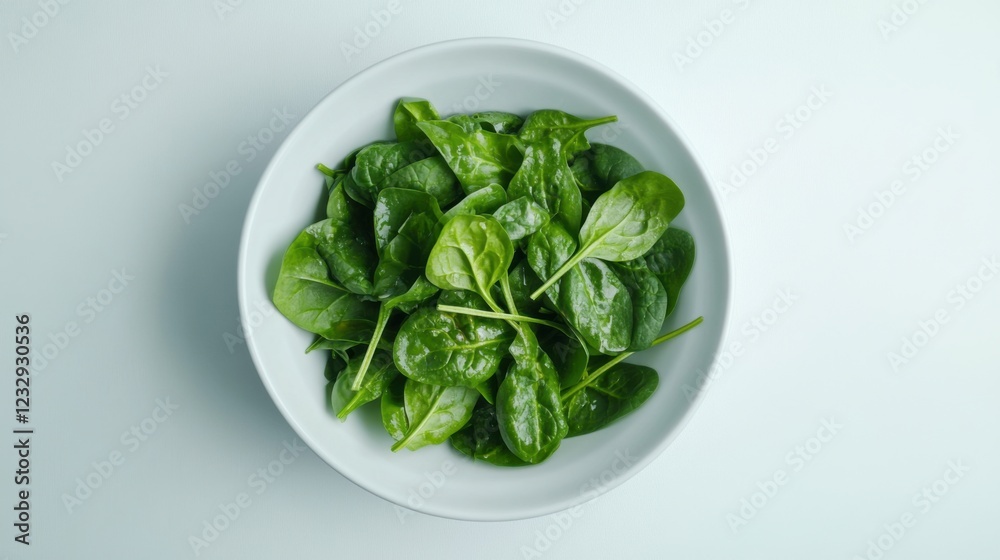A simple serving of fresh spinach salad with a light drizzle of vinaigrette, neatly placed in a minimalist white ceramic bowl, Salad centered A simple serving of fresh spinach salad with a light drizzle of vinaigrette, neatly placed in a minimalist white ceramic bowl, Salad centered