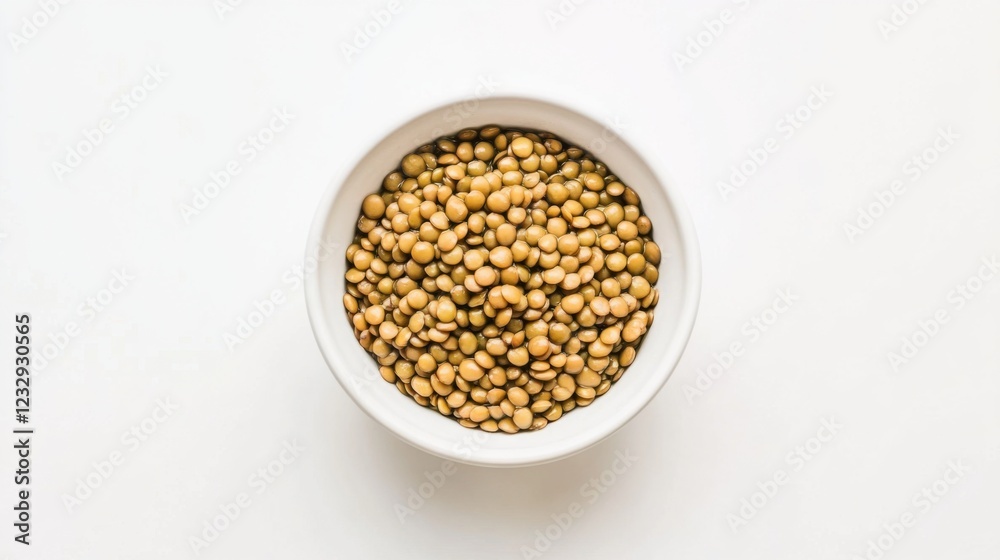 A simple serving of freshly cooked lentils topped with a light drizzle of olive oil, arranged in a minimalist white bowl, Lentils centered A simple serving of freshly cooked lentils topped with a light drizzle of olive oil, arranged in a minimalist white bowl, Lentils centered