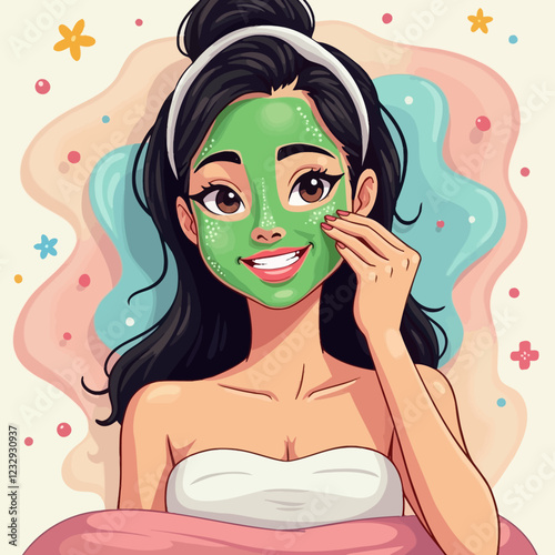 Facial skin care. A woman takes care of her skin. Cosmetic masks, patches, cream, lotion, soap, face scrub. Illustration, vector