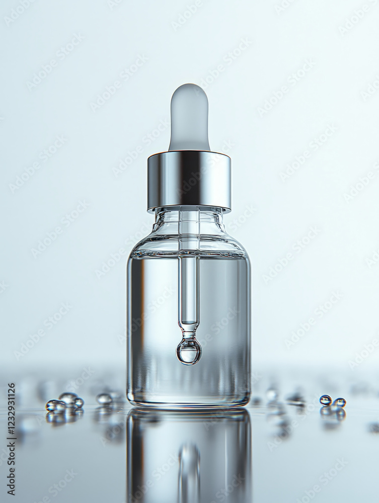 Glass dropper bottle with liquid on a reflective surface.