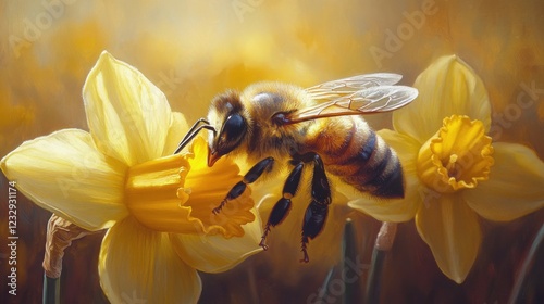 Busy bee collecting nectar from a bright yellow daffodil in a vibrant spring ...