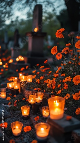 Beautiful arrangement of orange flowers and candles at a grave during evening...