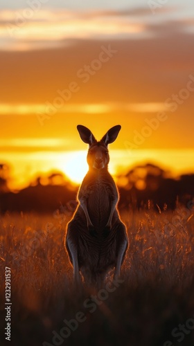 Kangaroo silhouetted against a stunning sunset in Australia