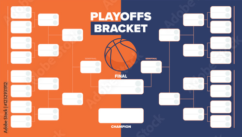 Playoffs bracket. Playoffs grid. Sport tournament bracket. Game and competition schedule. Season final. Team and players. Championship winner. Match score. Vector poster