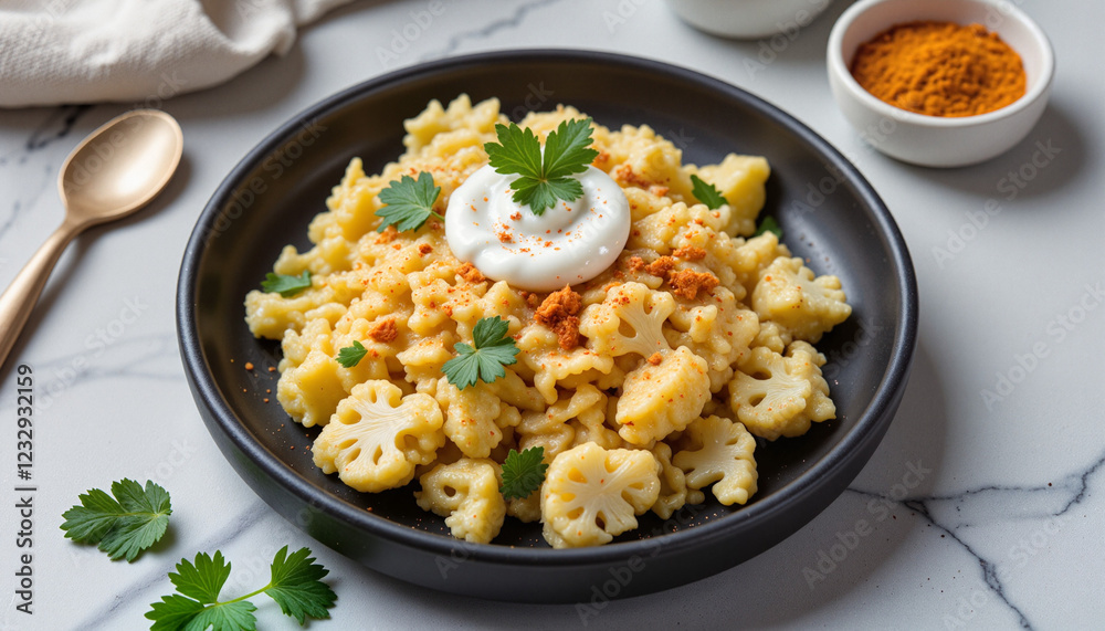 Minimalistic spiced cauliflower rice with turmeric and yogurt garnished with cilantro on marble countertop Minimalistic spiced cauliflower rice with turmeric and yogurt garnished with cilantro on marble countertop
