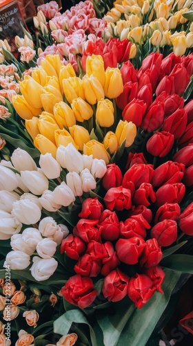 Vibrant tulip arrangement showcasing red, yellow, and white blooms at a flowe...