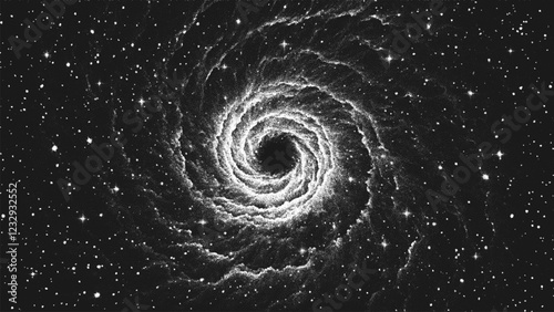 Deep space wormhole vortex surrounded by cosmic dust and stars. Black hole portal bending time and space. Galactic swirl in stippling style. Dotwork. Pointillism. Dots shading. Vector illustration