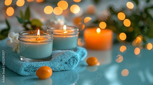 Relaxing spa setup with towels and essential oil in a serene indoor garden
