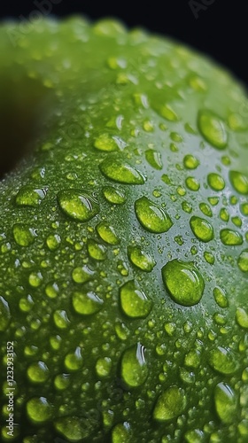 Fresh green apple with rain droplets on its surface hanging on the tree branch