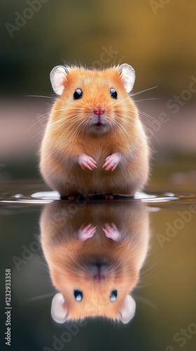 Cute small golden hamster standing on a reflective surface with soft blurred ...