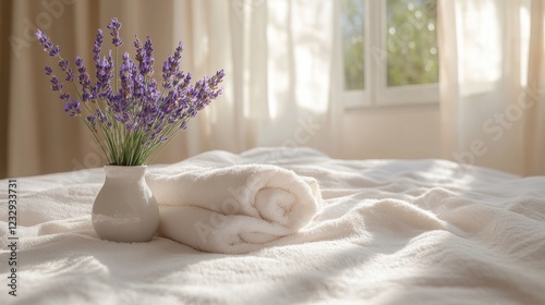 Cozy bedroom setting with fresh lavender and soft towels in natural light