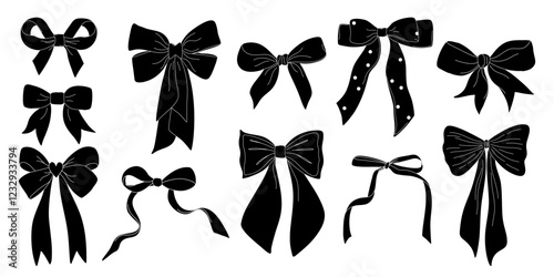 Set of black bow shadows. Cute minimalistic coquette bows collection. Classic ribbon elements for decoration and print. Hand drawn flat design black and white vector illustration.
