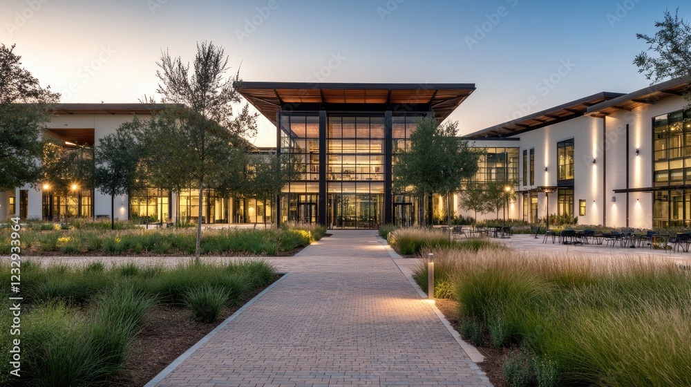 Modern Office Building with Landscaped Courtyard at Dusk Modern Office Building with Landscaped Courtyard at Dusk