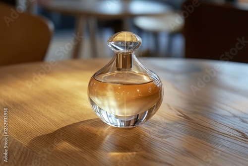 Elegant glass container reflecting light on wooden surface in serene setting