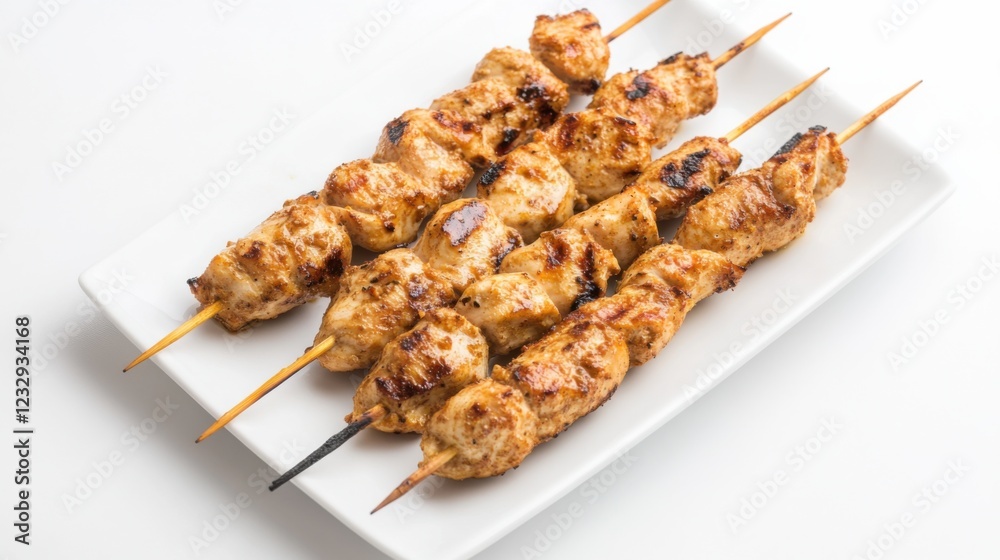 A simple serving of grilled chicken skewers, lightly seasoned and arranged on a plain white ceramic plate, Chicken skewers centered A simple serving of grilled chicken skewers, lightly seasoned and arranged on a plain white ceramic plate, Chicken skewers centered