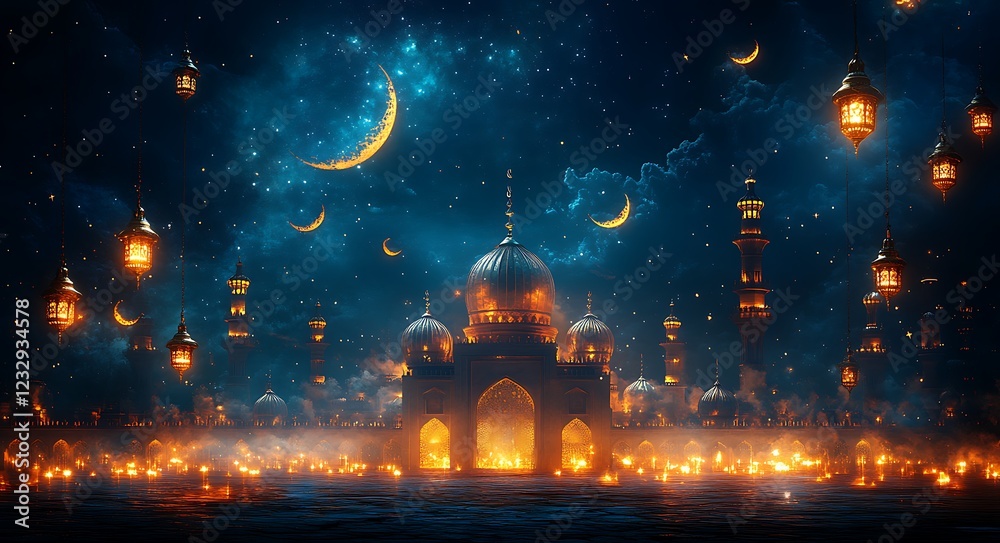 Obraz premium Enchanted Night with Floating Lanterns Around a Palace Under a Crescent Moon