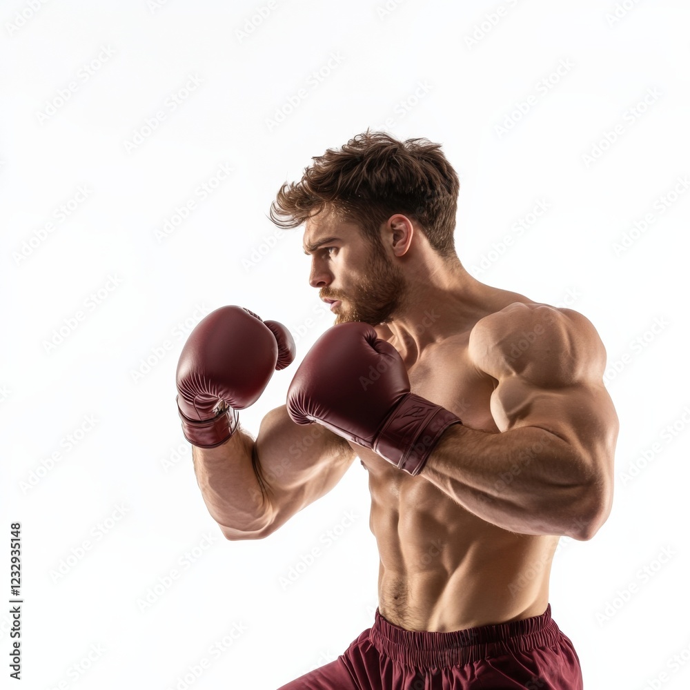 muscular man wearing boxing gloves in fighting stance muscular man wearing boxing gloves in fighting stance