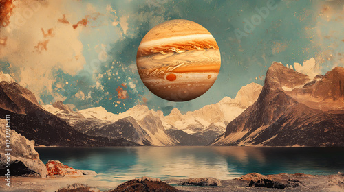 Surreal landscape with a massive gas giant Jupiter planet hovering over a tranquil lake surrounded by majestic mountains photo