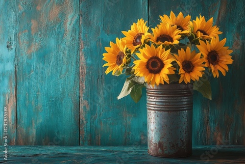 Bright sunflowers in a rustic can against a teal wooden background