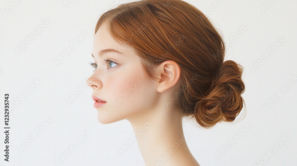 profile of a young woman with red hair in a low bun profile of a young woman with red hair in a low bun