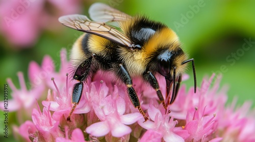 Busy bumblebee pollinating pink flowers in a vibrant garden during springtime...