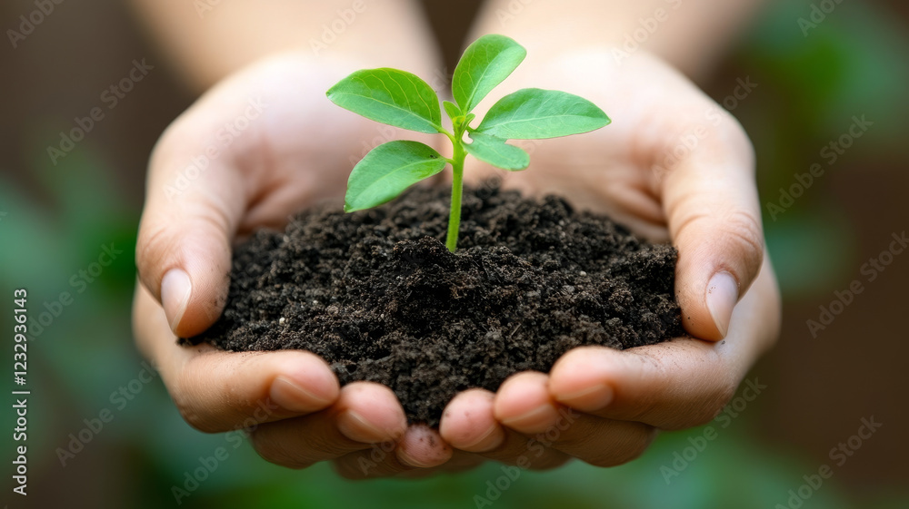 Hands holding a sapling in soil. Hands holding a sapling in soil.