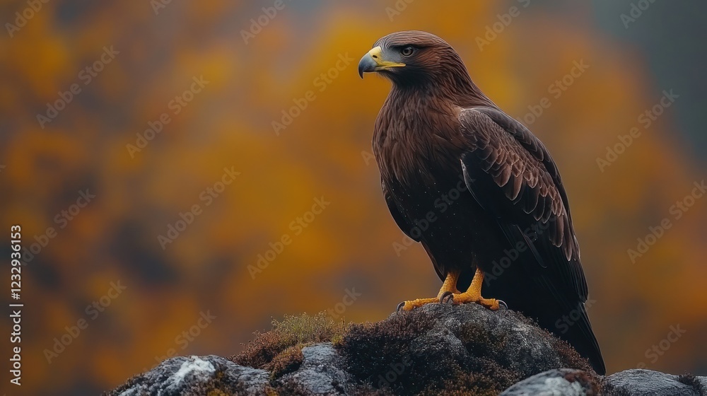 Fototapeta premium Golden eagle perched, autumn forest, majestic view, wildlife photography
