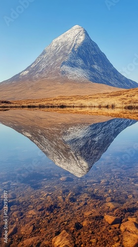 Majestic mountain reflection in tranquil water at sunrise in a remote landscape
