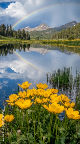 Beautiful spring landscape with yellow flowers and a rainbow over a serene mo...