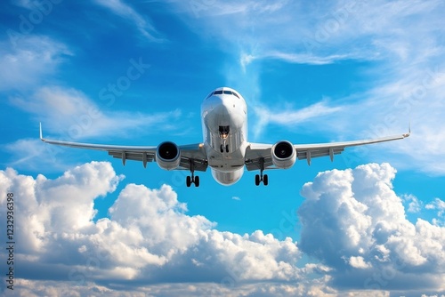 Airplane flying above clouds in bright blue sky during daytime