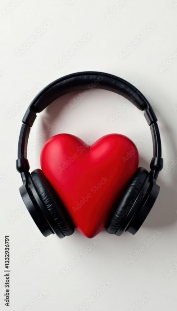 Red heart with black headphones, minimalist style, bold, vibe Red heart with black headphones, minimalist style, bold, vibe