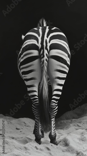 Zebra standing on sand with striking black and white stripes against dark bac...