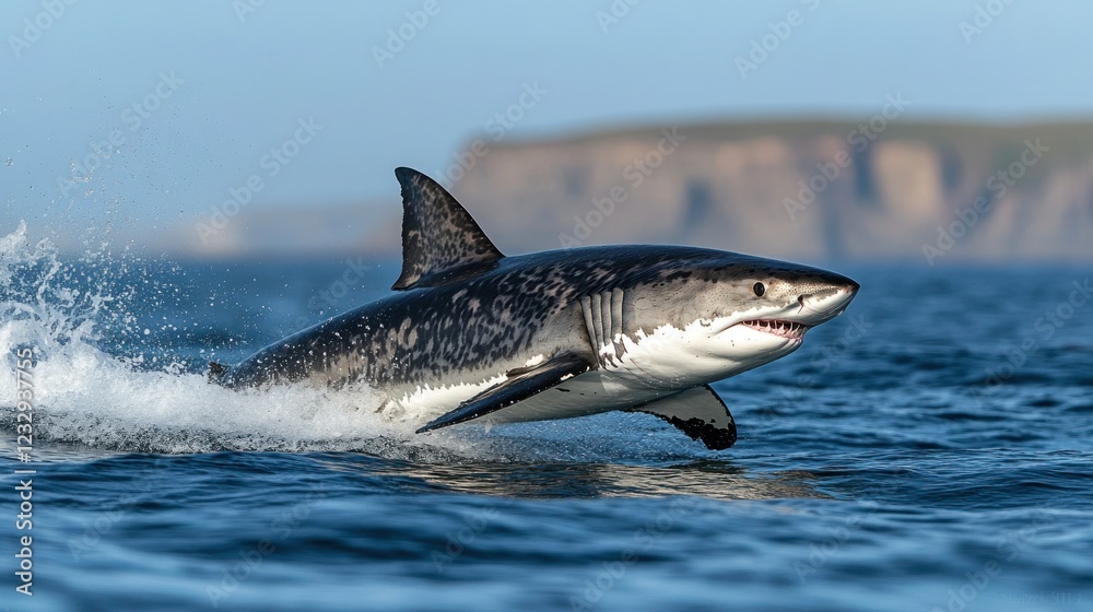 Fototapeta premium Great white shark leaping, ocean, cliffs background, wildlife photography