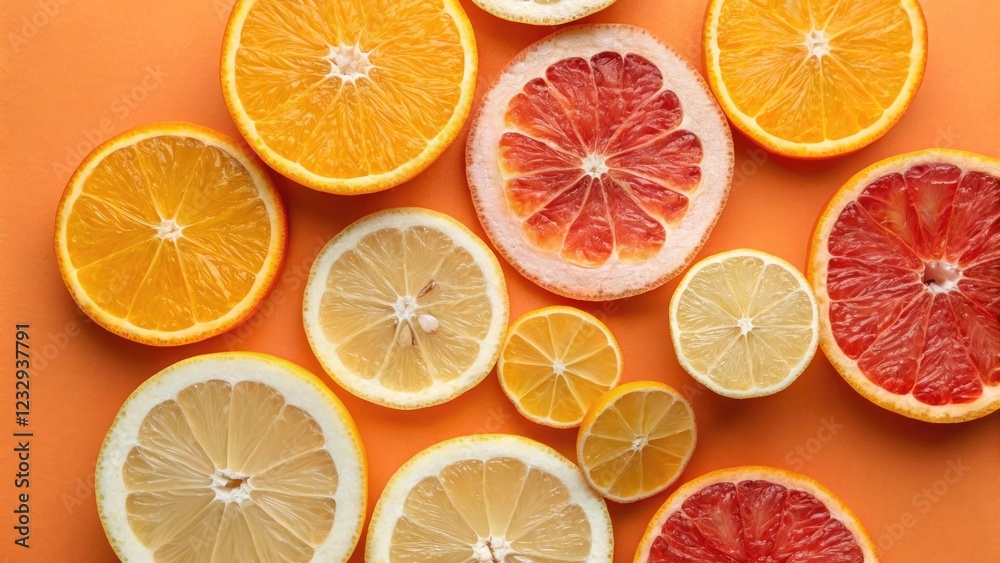 Vibrant citrus fruit slices on an orange background Vibrant citrus fruit slices on an orange background