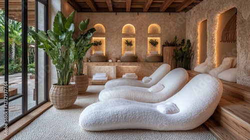 Modern relaxation lounge with comfortable seating and ambient lighting in lux...
