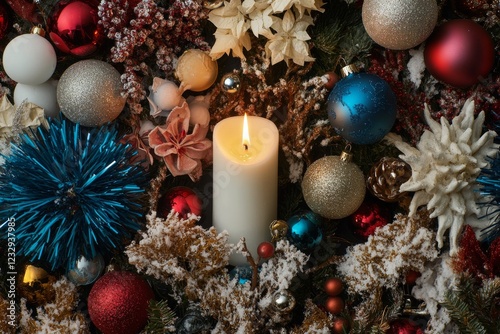Beautiful holiday arrangement with candle and decorations set for festive cel...