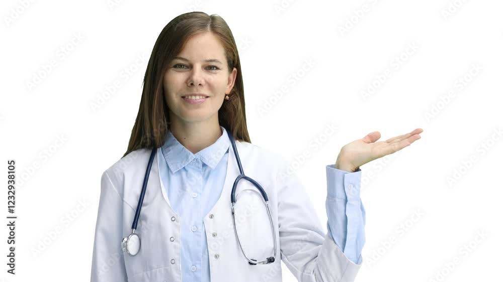 Female doctor, close-up, on a white background, pointing to the side Female doctor, close-up, on a white background, pointing to the side