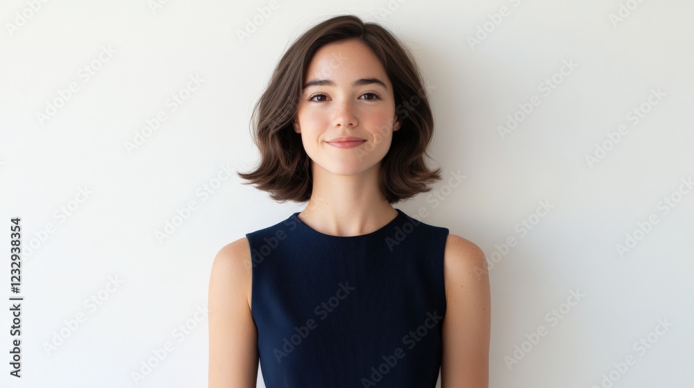 portrait of a young woman with shoulder length hair, wearing a sleeveless dark blue top, against a plain white background. portrait of a young woman with shoulder length hair, wearing a sleeveless dark blue top, against a plain white background.