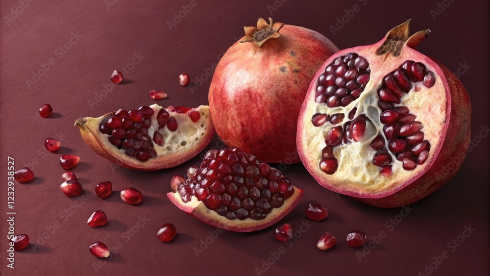 Fresh pomegranates with seeds on a rich background Fresh pomegranates with seeds on a rich background
