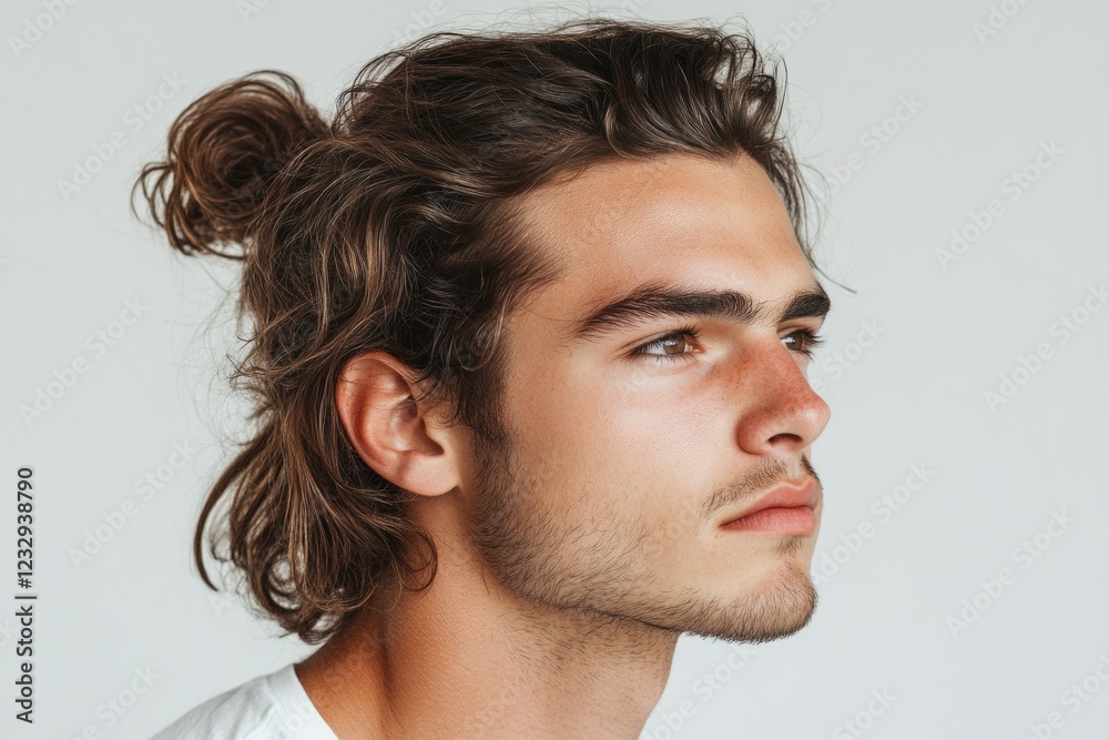 Fototapeta premium Profile of a fashionable young man with long brown hair tied in a bun, showcasing a trendy hairstyle