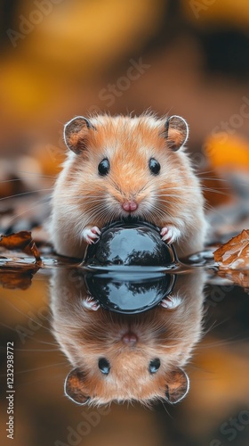 Cute small golden hamster standing on a reflective surface with soft blurred ...
