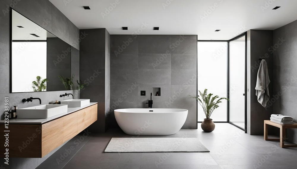 Fototapeta premium Modern Minimalist Bathroom Design: A luxurious and serene bathroom features a freestanding bathtub, double sinks with wooden vanity, and large windows that flood the space with natural light.