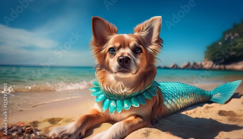 Generated image A dog dressed as a mermaid, lying on a beach with a seashell bikini and tail