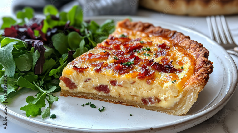 Slice of quiche with bacon and salad on a plate. Slice of quiche with bacon and salad on a plate.