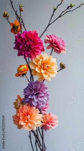 Colorful artificial flowers arranged on a decorative branch against a neutral...