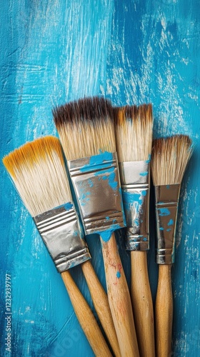 Artists tools with vibrant blue paint on a wooden surface