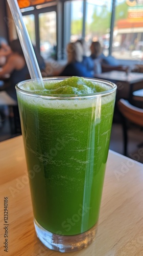 Refreshing green smoothie with kale and spinach garnished with fresh leaves