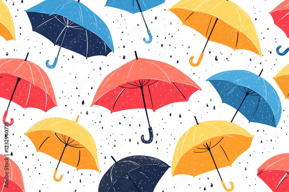 Obraz premium Seamless pattern with colorful umbrellas falling raindrops representing rainy season, protection, and joyful mood
