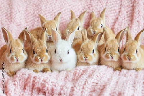 Group of adorable baby rabbits cuddling on a soft pink blanket in a cozy indo...