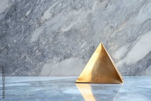 Golden pyramid sculpture on a marble surface reflecting modern design and ele...